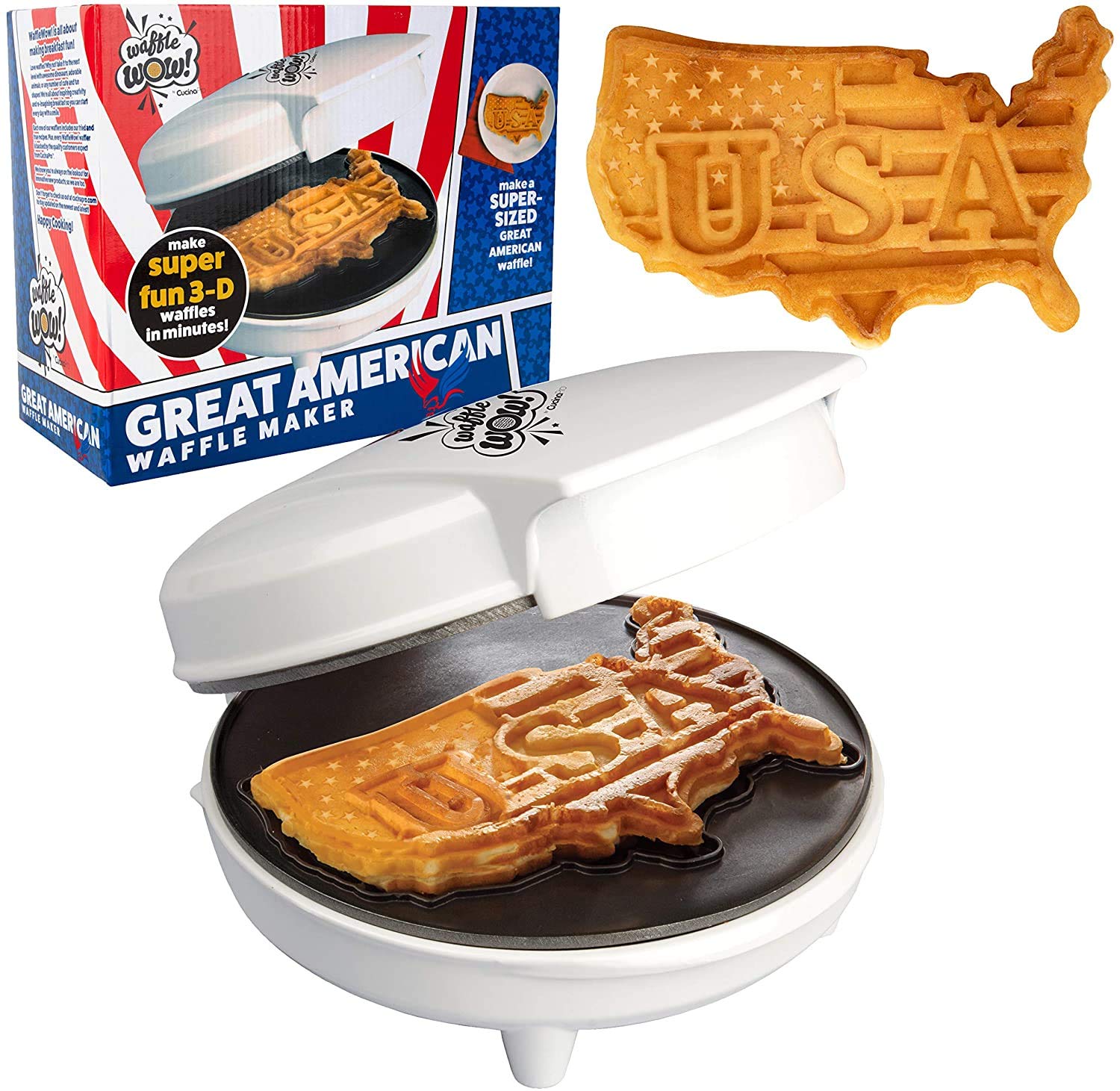 Great American USA Waffle Maker - Make Giant 7.5" Patriotic Waffles or Pancakes w Pride - Electric Nonstick Waffler Iron w America Spirit, Election Debate Party Fun, Funny Gift or Dessert Treat