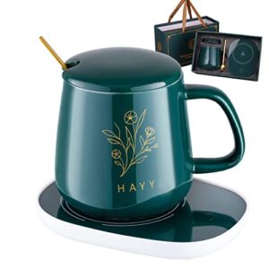coffee mug warmer with (ceramic) cup (usb cable) & cup warmer set for desk with gravity sensing auto shut off heating plate for home office milk tea gift(include cup) hayy (green)
