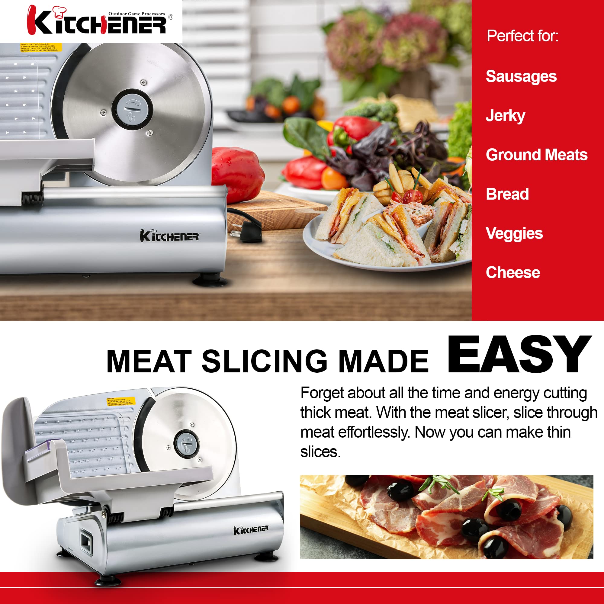 Kitchener Meat Slicer for Deli Cuts, Bread, & Cheese, Electric, 7.5" Stainless Steel Blade, Safety Guard, 120VAC Belt Driven