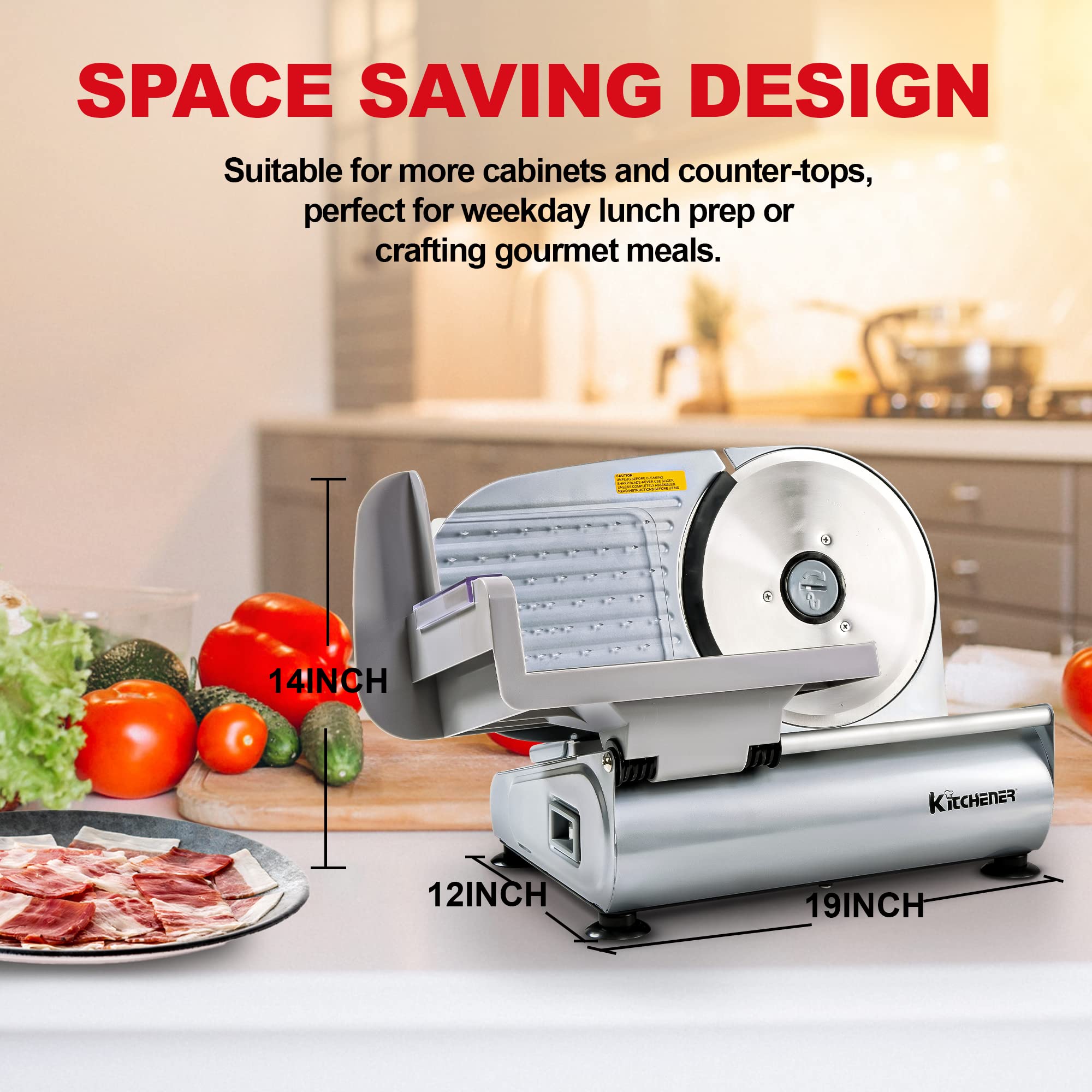 Kitchener Meat Slicer for Deli Cuts, Bread, & Cheese, Electric, 7.5" Stainless Steel Blade, Safety Guard, 120VAC Belt Driven