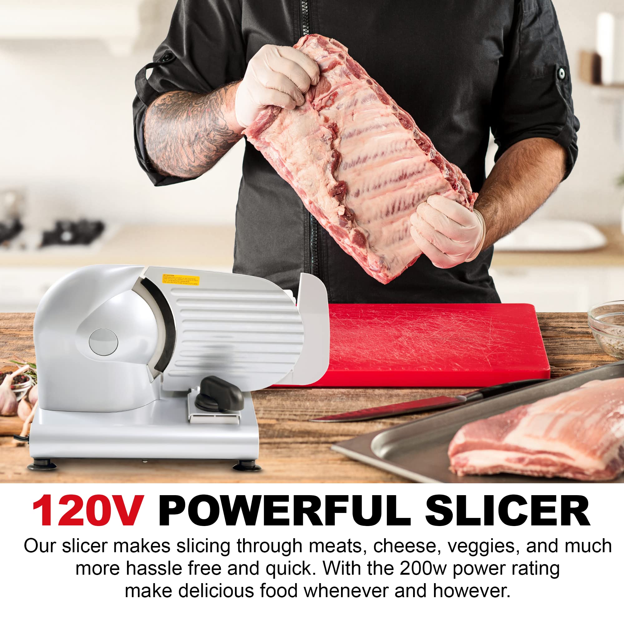 Kitchener Meat Slicer for Deli Cuts, Bread, & Cheese, Electric, 7.5" Stainless Steel Blade, Safety Guard, 120VAC Belt Driven