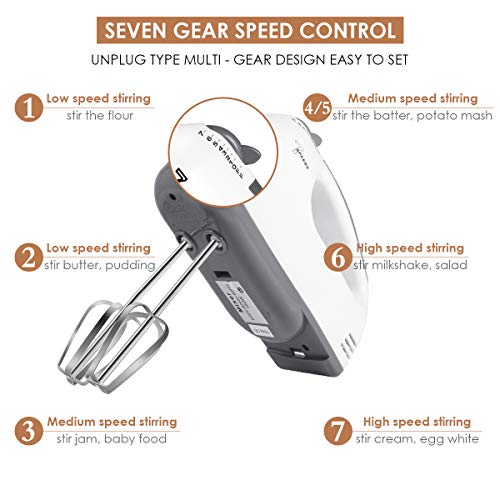2023 Hand Mixer Electric, 7 Speeds Selection Portable Handheld Kitchen Whisk, 2 Stainless Steel Accessories, Lightweight Powerful Handheld Electric Hand Mixer Grey, Kitchen Mixer with Cord for Cream, Cookies