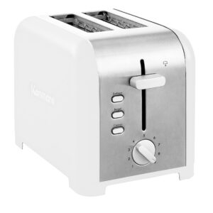 kenmore 2-slice toaster, white stainless steel, extra wide slots, bagel and defrost functions, 9 browning levels, removable crumb tray, for bread, toast, english muffin, toaster strudel
