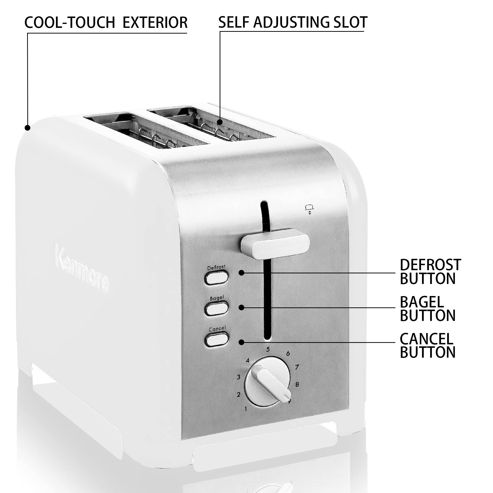 Kenmore 2-Slice Toaster, White Stainless Steel, Extra Wide Slots, Bagel and Defrost Functions, 9 Browning Levels, Removable Crumb Tray, for Bread, Toast, English Muffin, Toaster Strudel