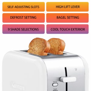 Kenmore 2-Slice Toaster, White Stainless Steel, Extra Wide Slots, Bagel and Defrost Functions, 9 Browning Levels, Removable Crumb Tray, for Bread, Toast, English Muffin, Toaster Strudel