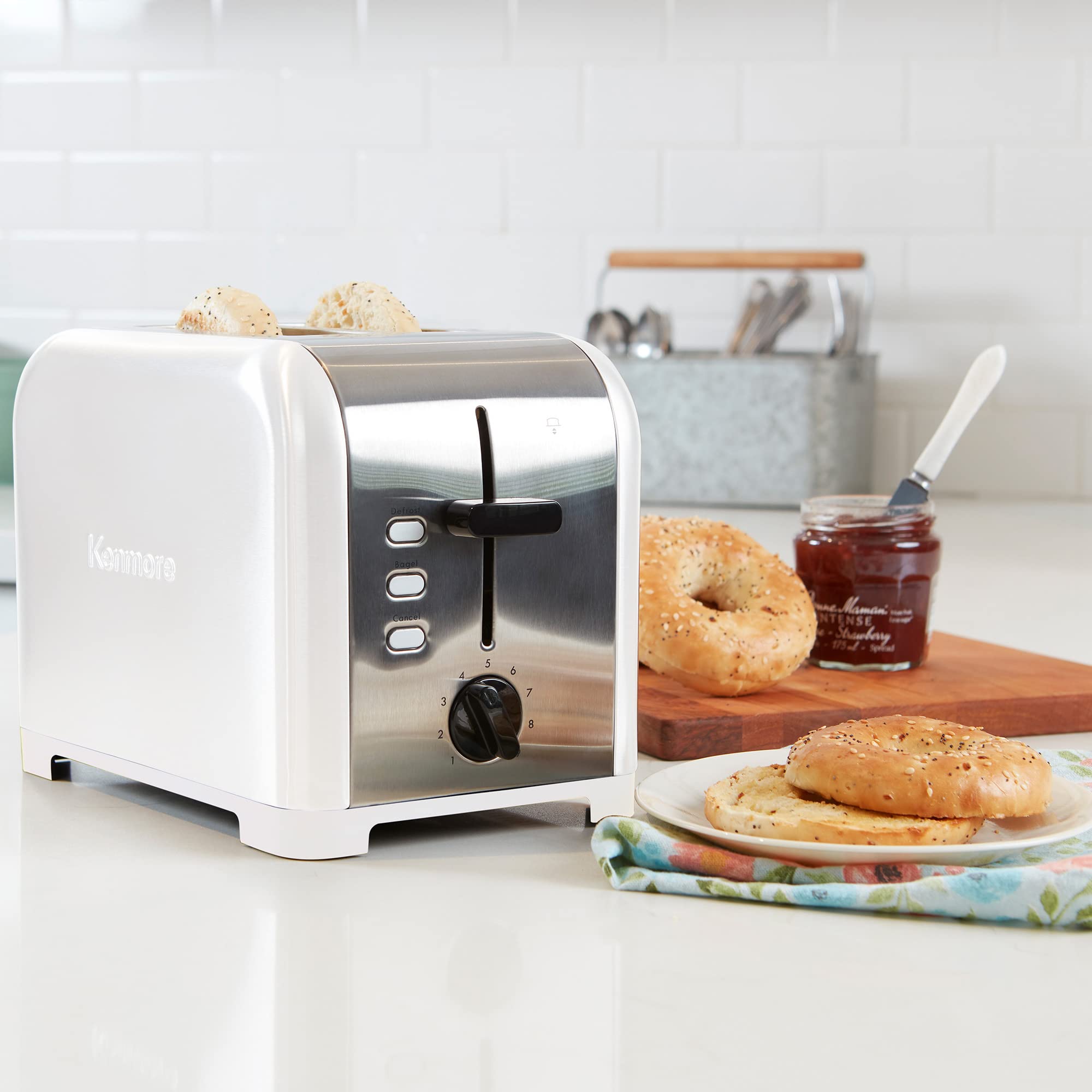 Kenmore 2-Slice Toaster, White Stainless Steel, Extra Wide Slots, Bagel and Defrost Functions, 9 Browning Levels, Removable Crumb Tray, for Bread, Toast, English Muffin, Toaster Strudel