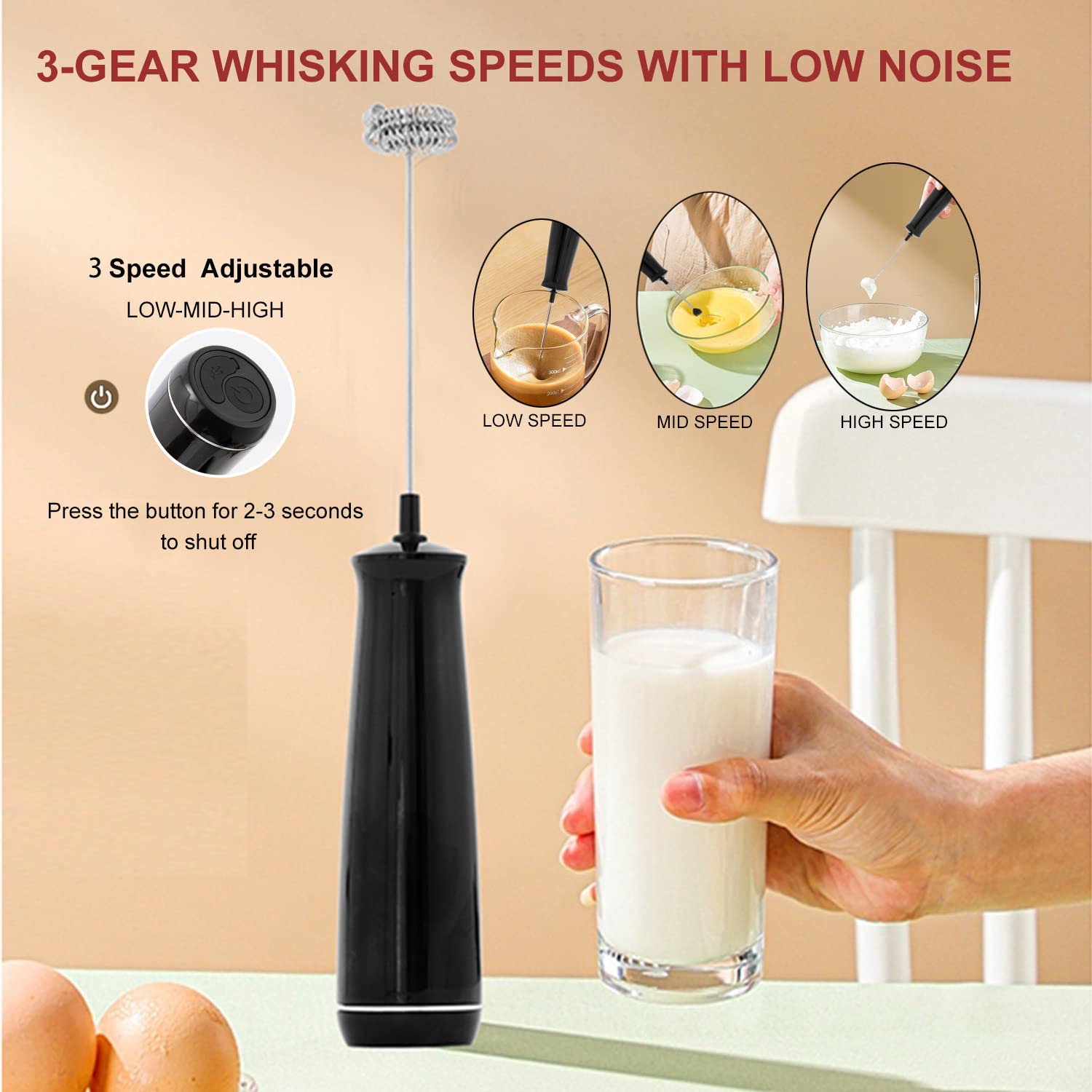 Milk Frother Handheld, Mini Electric Coffee Frother with Double Whisk, Overheat Protection Portable USB Rechargeable Foam Maker 3 Speed Adjustable Egg Beater Drink Mixer Immersion Blender Cordlesss