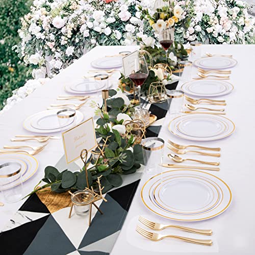WELLIFE 96 Pcs Gold Plastic Plates, Disposable Gold Plates with Cups and Silverware, Gold Dinnerware Set Ideal Includes: 16 Dinner Plates 10.25", 16 Salad Plates 7.5", 16 Cutlery and Cups