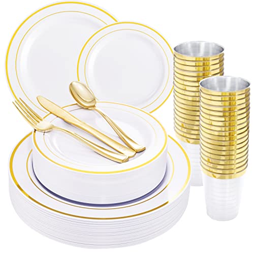 WELLIFE 96 Pcs Gold Plastic Plates, Disposable Gold Plates with Cups and Silverware, Gold Dinnerware Set Ideal Includes: 16 Dinner Plates 10.25", 16 Salad Plates 7.5", 16 Cutlery and Cups