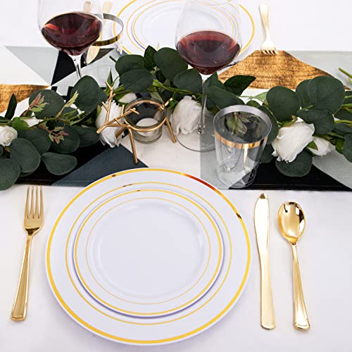 WELLIFE 96 Pcs Gold Plastic Plates, Disposable Gold Plates with Cups and Silverware, Gold Dinnerware Set Ideal Includes: 16 Dinner Plates 10.25", 16 Salad Plates 7.5", 16 Cutlery and Cups