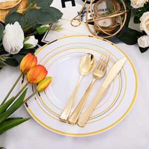 WELLIFE 96 Pcs Gold Plastic Plates, Disposable Gold Plates with Cups and Silverware, Gold Dinnerware Set Ideal Includes: 16 Dinner Plates 10.25", 16 Salad Plates 7.5", 16 Cutlery and Cups