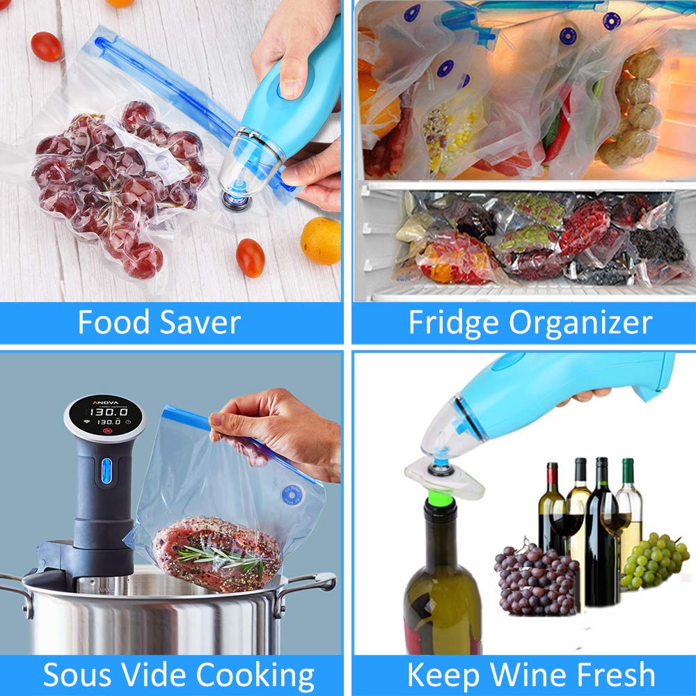 Handheld Vacuum Sealer, includes 15 Reusable Vacuum Sealer Bags, 1 Vacuum Wine Stopper, 2 Sealing Clips, 4 Sous Vide Clips for Food Storage, Keep Wine Fresh & Sous
