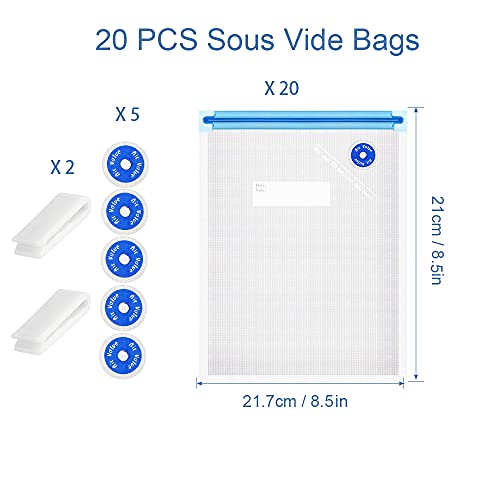 Sous Vide Bags Reusable 27Pcs, BPA Free Food Vacuum Sealer Bags, Food Storage Bags, Vacuum Zipper Bags for Sous Vide Cooking - 20Pcs Food Sealer Bags & 5 Air Valves & 2 Seal Clips (8.5X8.5 in) 1.4L