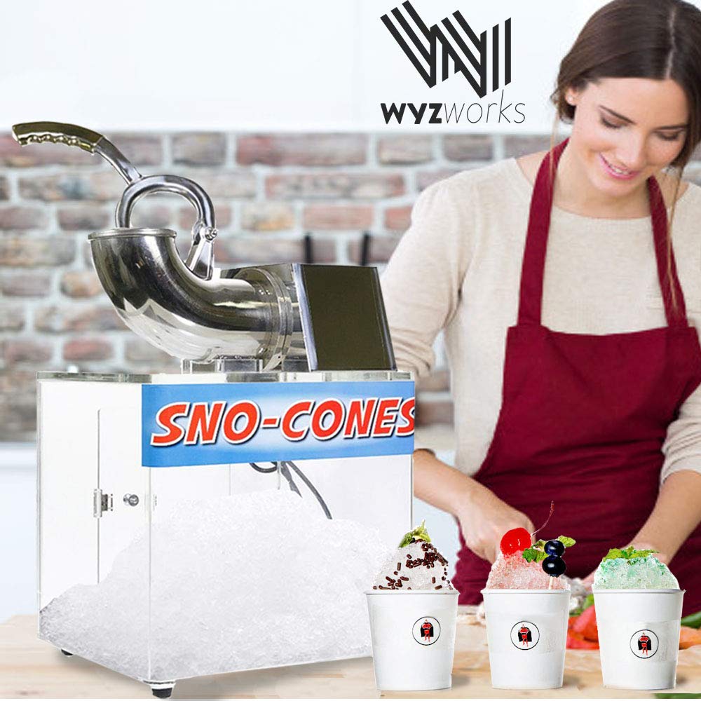 WYZworks Stainless Steel 440 lbs/hr Electric Ice Shaver Machine with Dual Blades 250W Ice Crusher Snow Cone Maker Machines w Acrylic Box for Home, Restaurants, Bars, Party