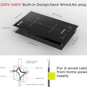 Electric Induction Cooktop,COOKTRON Built-in Electric Stovetop with 10 Power Levels, 3300W,Child Lock, Timer, Touch Control, 2 Burner Induction, Pause Function, 220-240V,Hard Wire(No Plug)