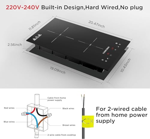 Electric Induction Cooktop,COOKTRON Built-in Electric Stovetop with 10 Power Levels, 3300W,Child Lock, Timer, Touch Control, 2 Burner Induction, Pause Function, 220-240V,Hard Wire(No Plug)