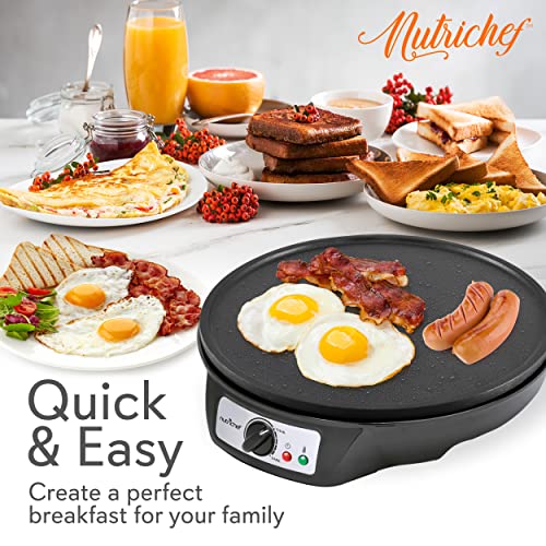 NutriChef Crepe Maker - Cooks Bacon, Roti, Tortillas & Omelets - Easy to Clean Detachable Cooktop - 12 inch Cook Area with Adjustable Temperature - Includes Wooden Spatula & Batter Spreader