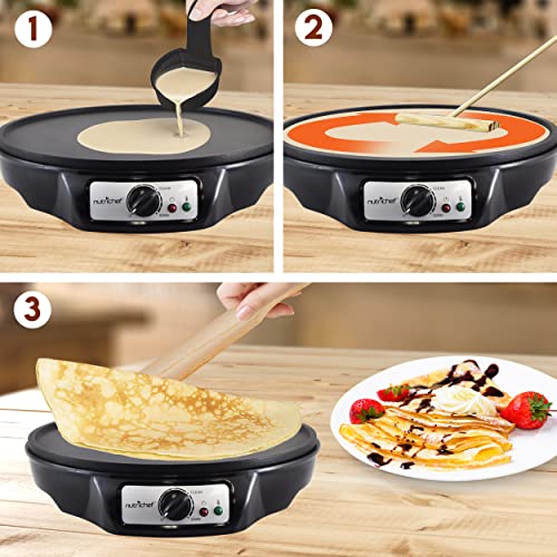 NutriChef Crepe Maker - Cooks Bacon, Roti, Tortillas & Omelets - Easy to Clean Detachable Cooktop - 12 inch Cook Area with Adjustable Temperature - Includes Wooden Spatula & Batter Spreader