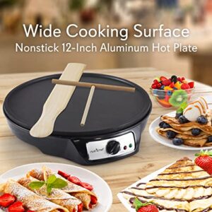 NutriChef Crepe Maker - Cooks Bacon, Roti, Tortillas & Omelets - Easy to Clean Detachable Cooktop - 12 inch Cook Area with Adjustable Temperature - Includes Wooden Spatula & Batter Spreader