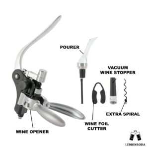 LEMONSODA Wine Bottle Opener Kit - Wine Lever Corkscrew Opener, Wine Pourer, Wine Foil Cutter, Vacuum Wine Stopper, Extra Spiral - Elegant Metal Wine Openers - Modern Gift Set for Wine Lover