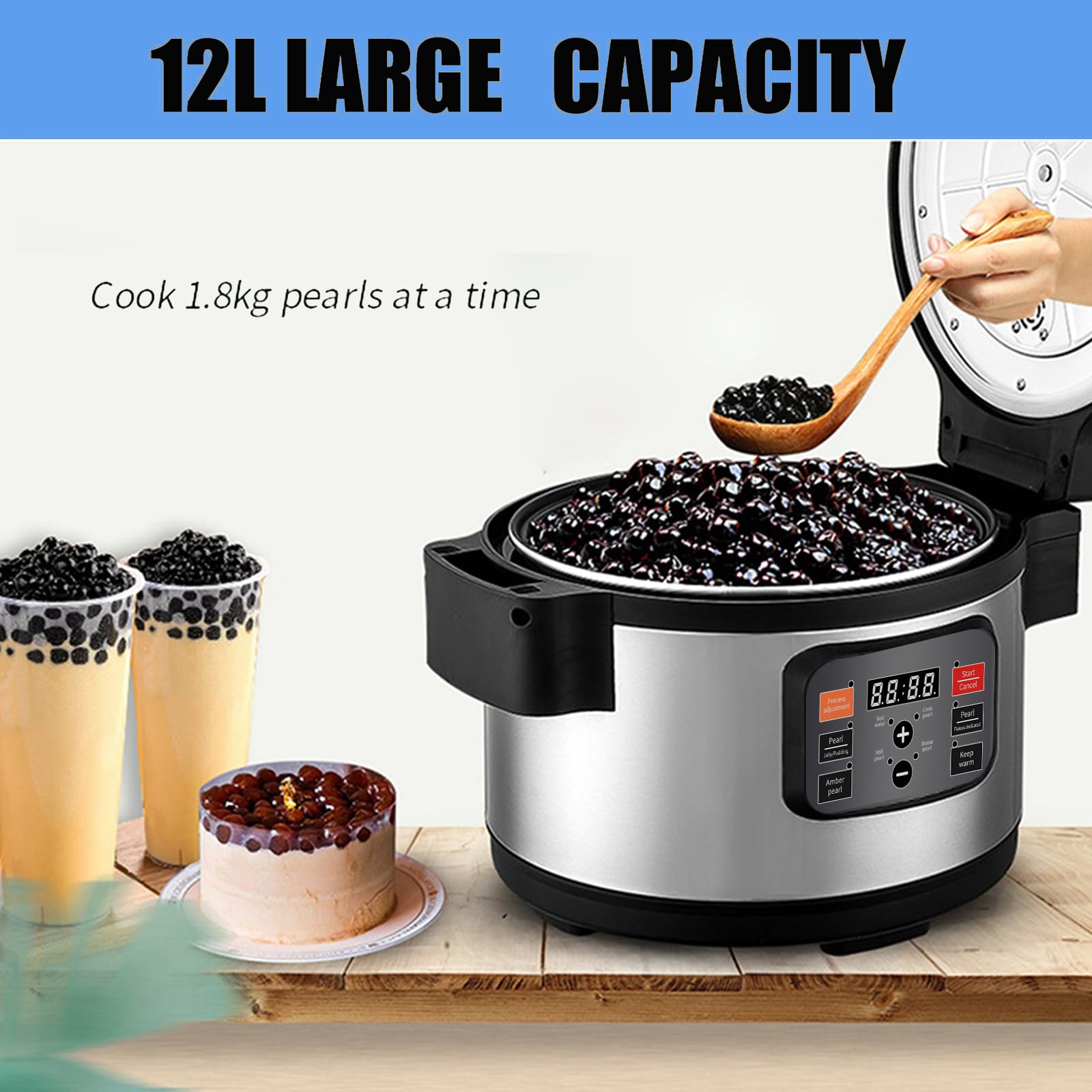 Mvckyi Commercial Pearl Cooker Tapioca Cooker, 12L Tapioca Maker Automatic Non-Stick Pearl Maker with Button Panel, Bubble Tea Cooker for Tea Sago Pearl Milk Tea