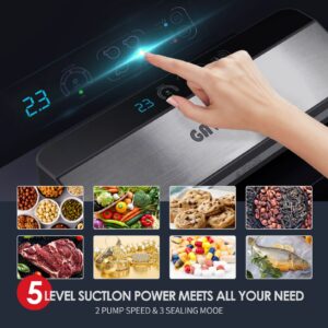 Vacuum Sealer Machine, Digital Display Food Sealer with Built-in Cutter and Bag Storage(Up to 20 Feet Length), Includes 2 Bag Rolls 11”x16’ and 8”x16’, Lab Tested, LED Indicator Lights