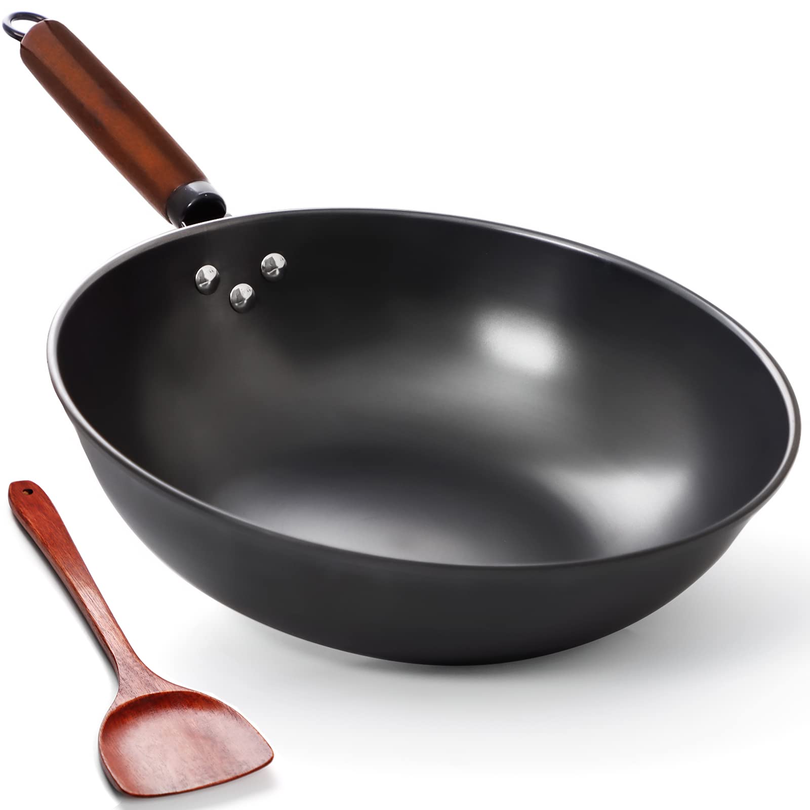 Clatine Carbon Steel Wok Pan, 13 Inch Wok and Stir-fry Pan, No Chemical Coated Wok Pan with Spatula, Nitrided Non-stick Chinese Wok Light Pan with Flat Bottom for Induction Electric Gas Stove