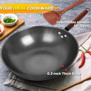 Clatine Carbon Steel Wok Pan, 13 Inch Wok and Stir-fry Pan, No Chemical Coated Wok Pan with Spatula, Nitrided Non-stick Chinese Wok Light Pan with Flat Bottom for Induction Electric Gas Stove