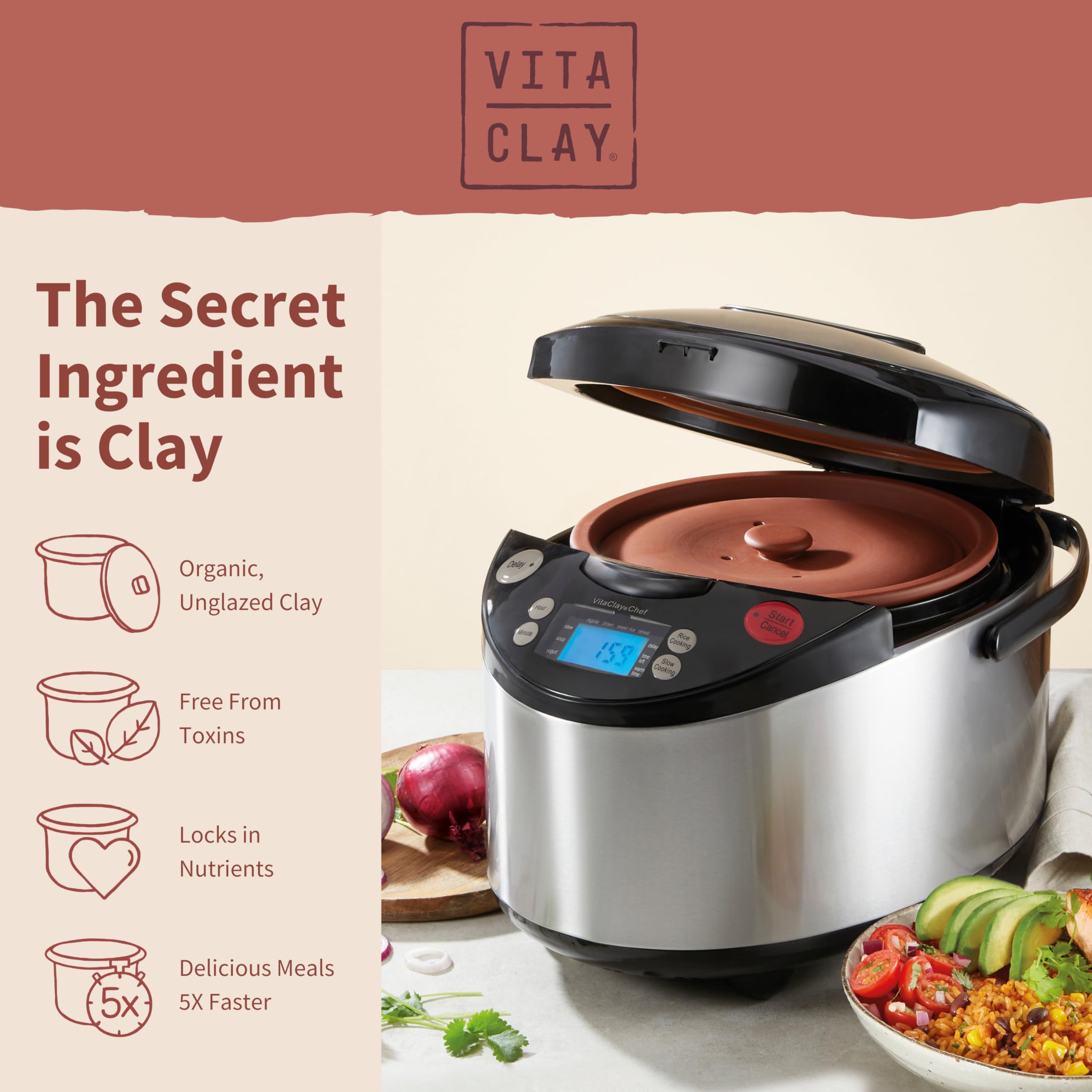 VitaClay Smart Organic Clay Pot Multi Cooker - Toxin Free Clay Rice Cooker, Delay Start Slow Cooker, Stew Cooker, Electric Soup Pot, Yogurt Maker, with Natural Earthen Clay Crock, 8 Cup / 4.2-Quart