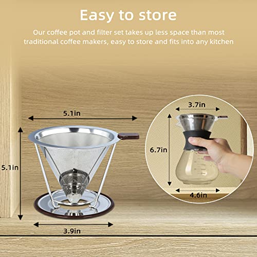 Jocuu Stainless Steel Pour Over Filter with Coffee Pot, 20 oz - Reusable & Eco-friendly Drip Coffee Maker for Home & Office, Heat & Leak Proof