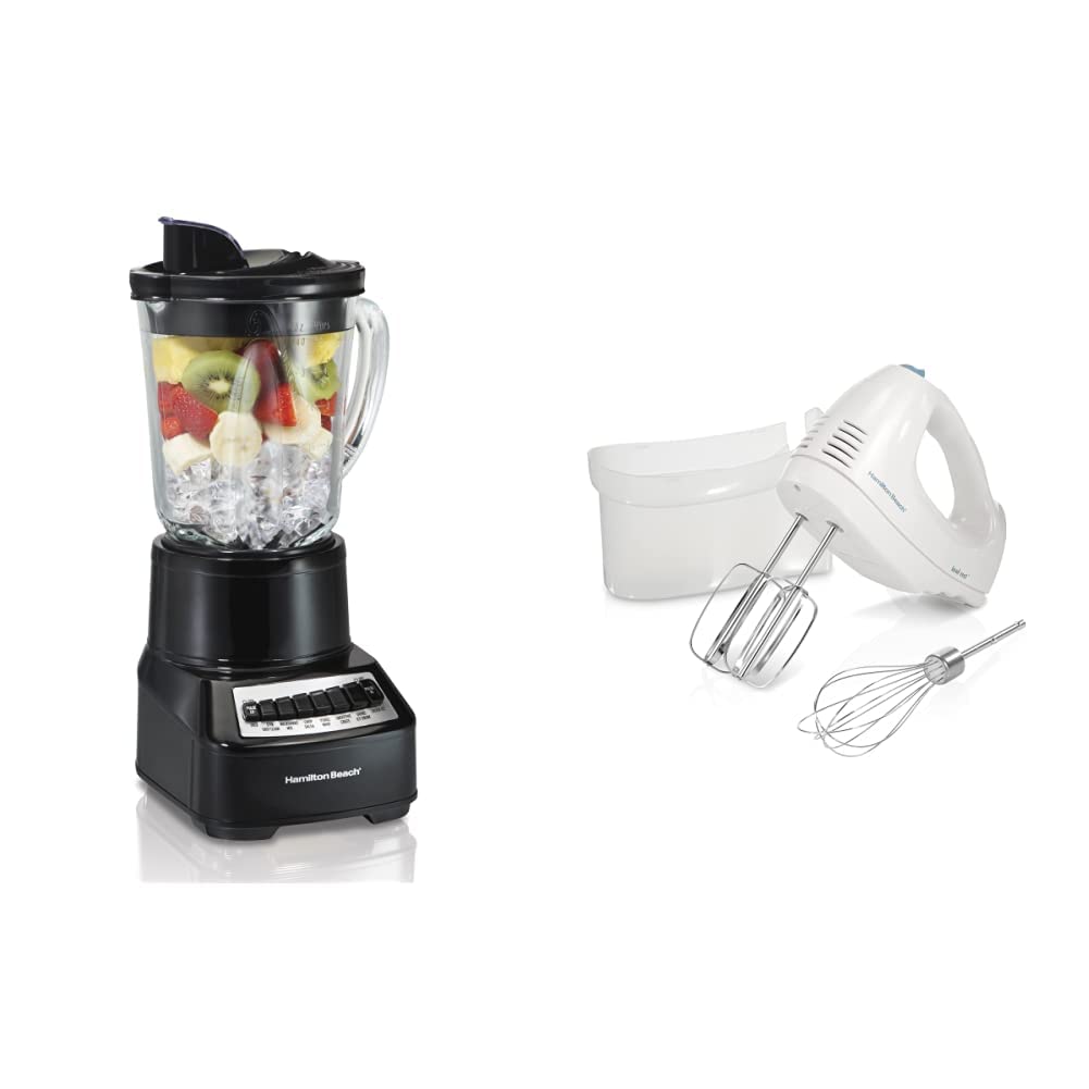 Hamilton Beach Wave Crusher Blender with 14 Functions & 40oz Glass Jar for Shakes and Smoothies, Black & 6-Speed Electric Hand Mixer with Whisk, Traditional Beaters, Snap-On Storage Case, White