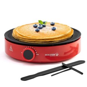 holstein housewares 12” crepe maker - adjustable temperature control - nonstick griddle for versatile cooking of crepes, blintzes, pancakes, eggs, bacon & more - easy to clean - indicator lights