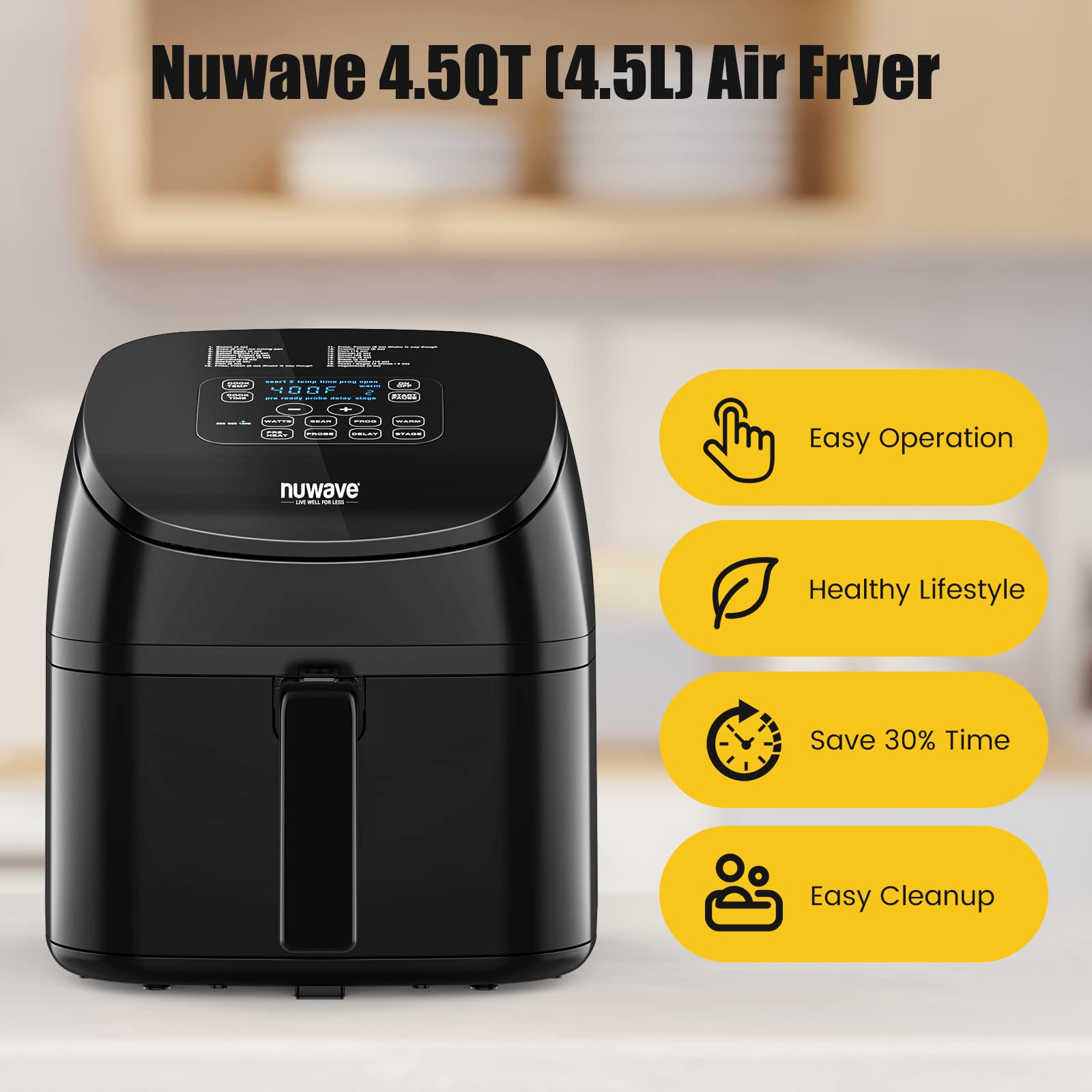 Nuwave Brio 4.5-Qt Air Fryer, 1 Touch Digital Controls, 100°-400°F Temp Controls in 5° Increments, Linear Thermal (Linear T) Technology, 3 Wattage Settings 600, 900 & 1500W, Built-In Safety Features