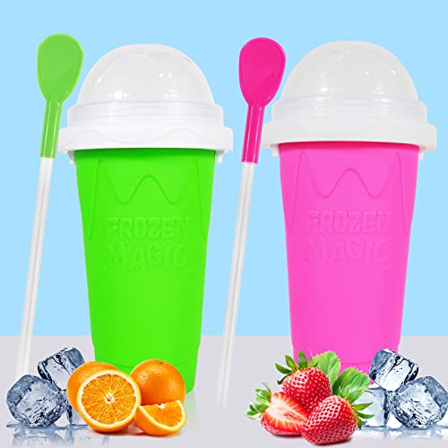 snow keychain Slushie Cups, Slushy Machines Slushie Cup Maker, Slushy Cup 2 Pack, Slushie Machines Ice Cream Maker, Frozen Magic Slushy Maker Cup for Fun(PINK+GREEN)