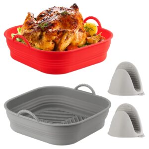 2pcs foldable air fryer silicone liner with heat resistant glove - reusable silicone pot, food grade silicone basket, oven accessory non-stick baking tray for 5.8-8 qt air fryer, 8.5 inch large