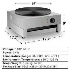Crepe Maker Machine 16" Pancake big Hotplate Non Stick (Electric 3000W) Adjustable Temperature for Commercial