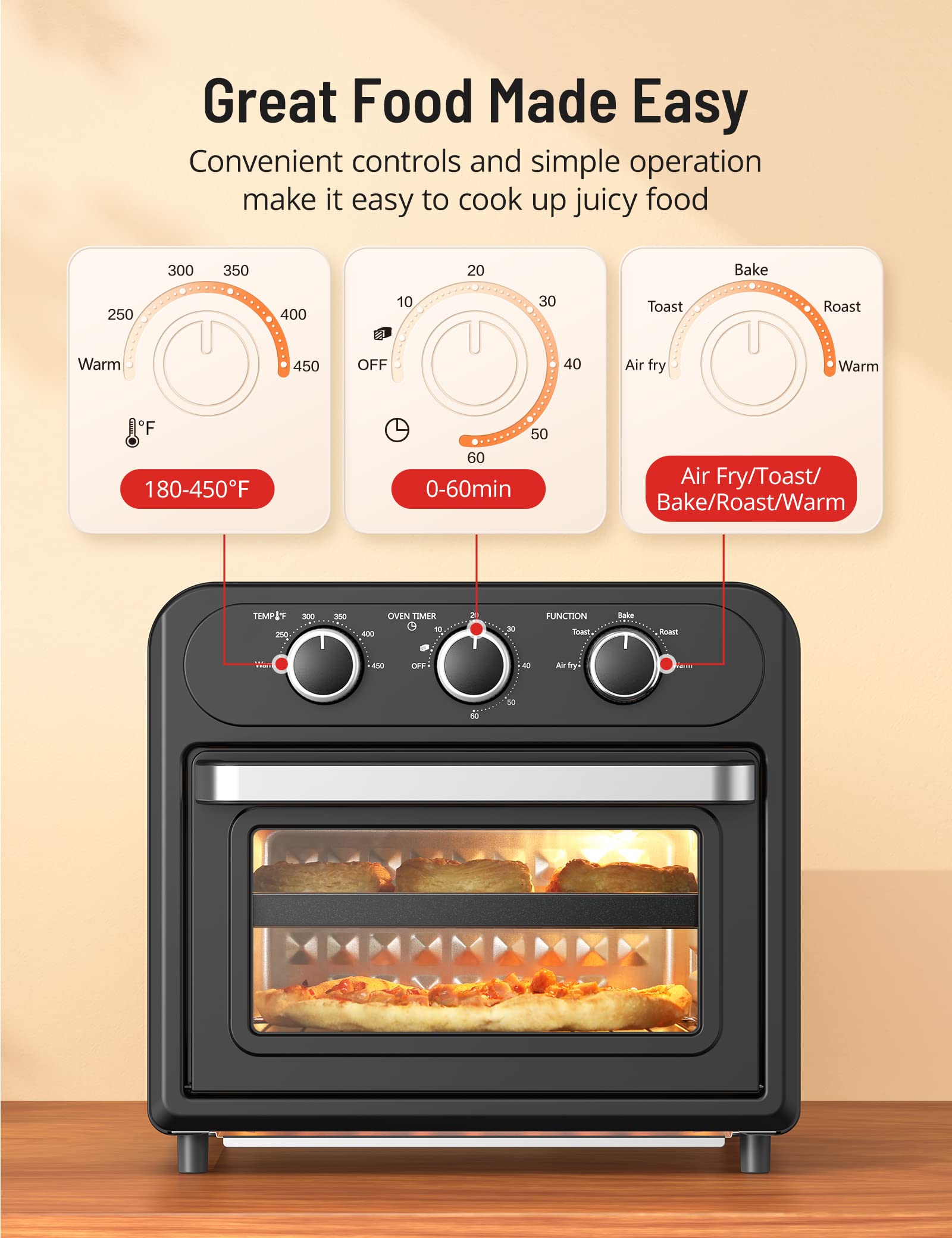 Air Fryer, Paris Rhône 14.8 Quart Toaster Oven, 5-in-1 Convection Oven for 4-Slice Toast, 9-inch Pizza, Knob-Controlled Kitchen Countertop Appliance with 6 Accessories, Dishwasher Safe