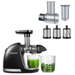 amzchef slow masticating juicer bundled with slicer shredder attachments, cold press juicer with silent motor and reverse function,3 interchangeable blades for juicing and shredding cheese