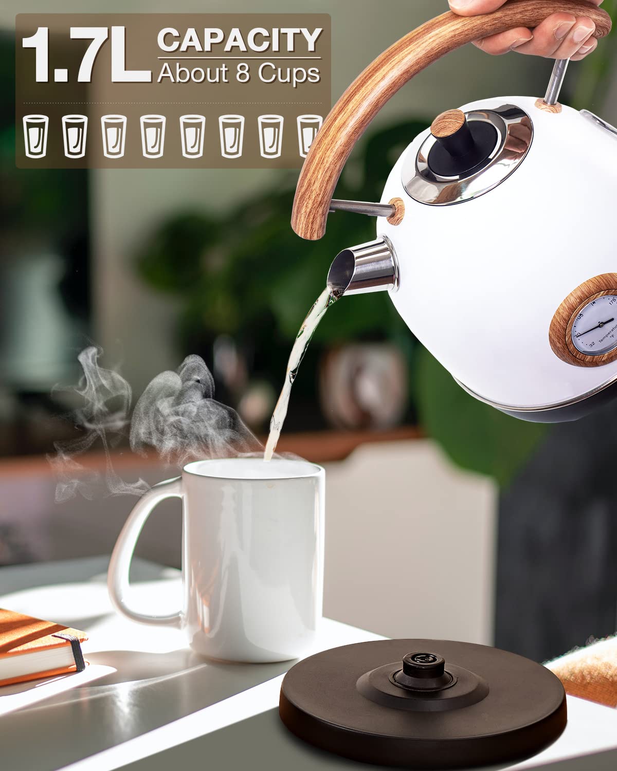Electric Tea Kettle, Hot Water Boiler with Thermometer 1.7 Liter Stainless Steel Teapot, BPA Free, 1500W, SMOLON Wood Pattern Handle Pour-Over Electric Kettle with LED Indicator Auto Shut-Off, White