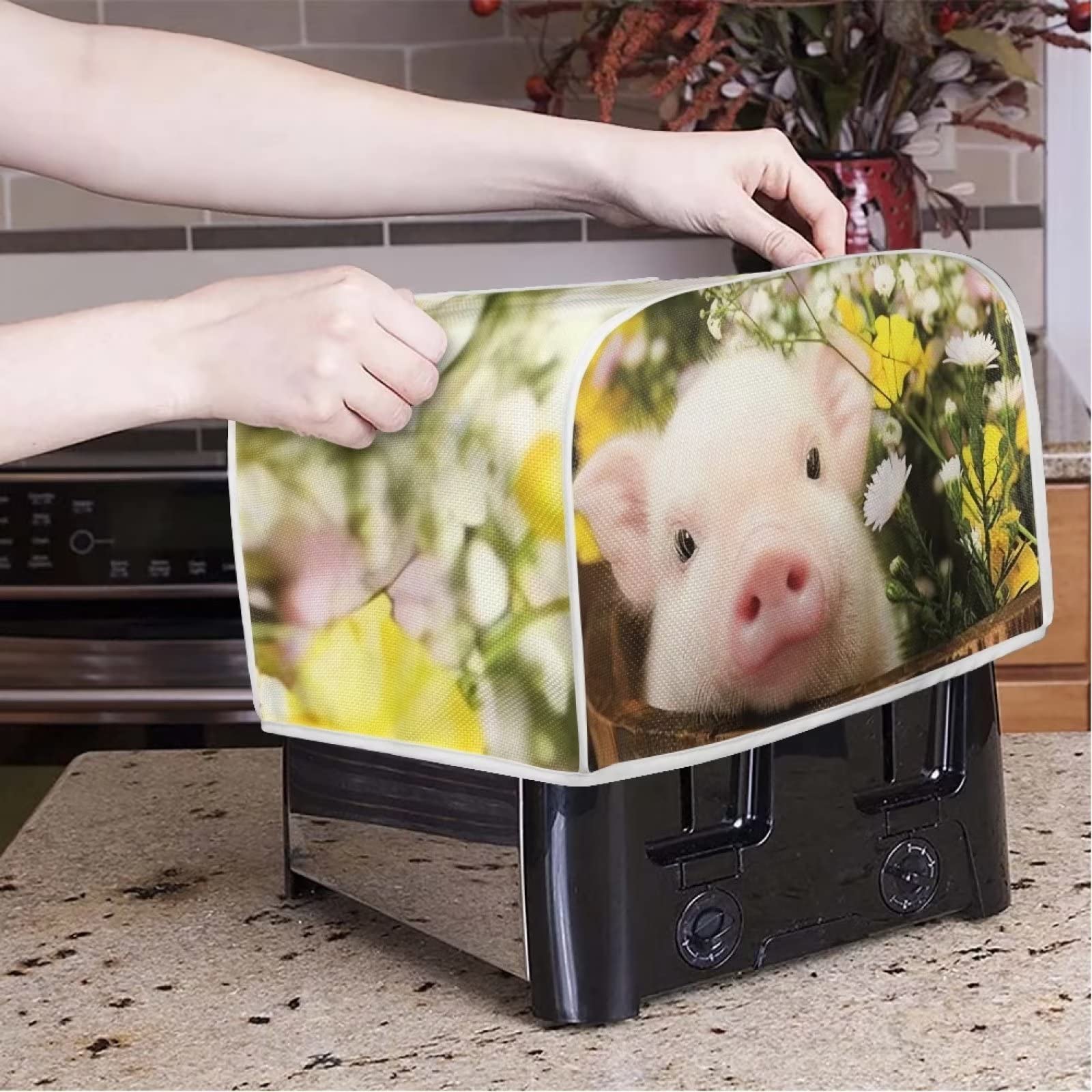 Buybai Kitchen Toaster Covers 2 Slice Wide Slot Cute 3D Pig Pattern Small Appliance Covers Dustproof Bread Maker Covers