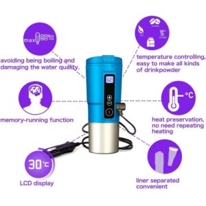 Smart Temperature Control Travel Coffee Mug BUKEYUQIU Electric Heated Travel Mug 12V Stainless Steel Tumbler Smart Heating Car Cup Keep Milk Warm LCD Display Easily Washing Safe for use (Blue)