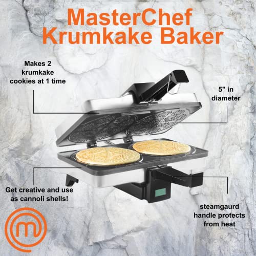 MasterChef Krumkake Baker-Make 2 Homemade Pizzelle Like Cookies, Great for Cannoli Filling & Waffle Cones, Fun Nonstick Electric Iron Press Kitchen Appliance-Home Made Treats