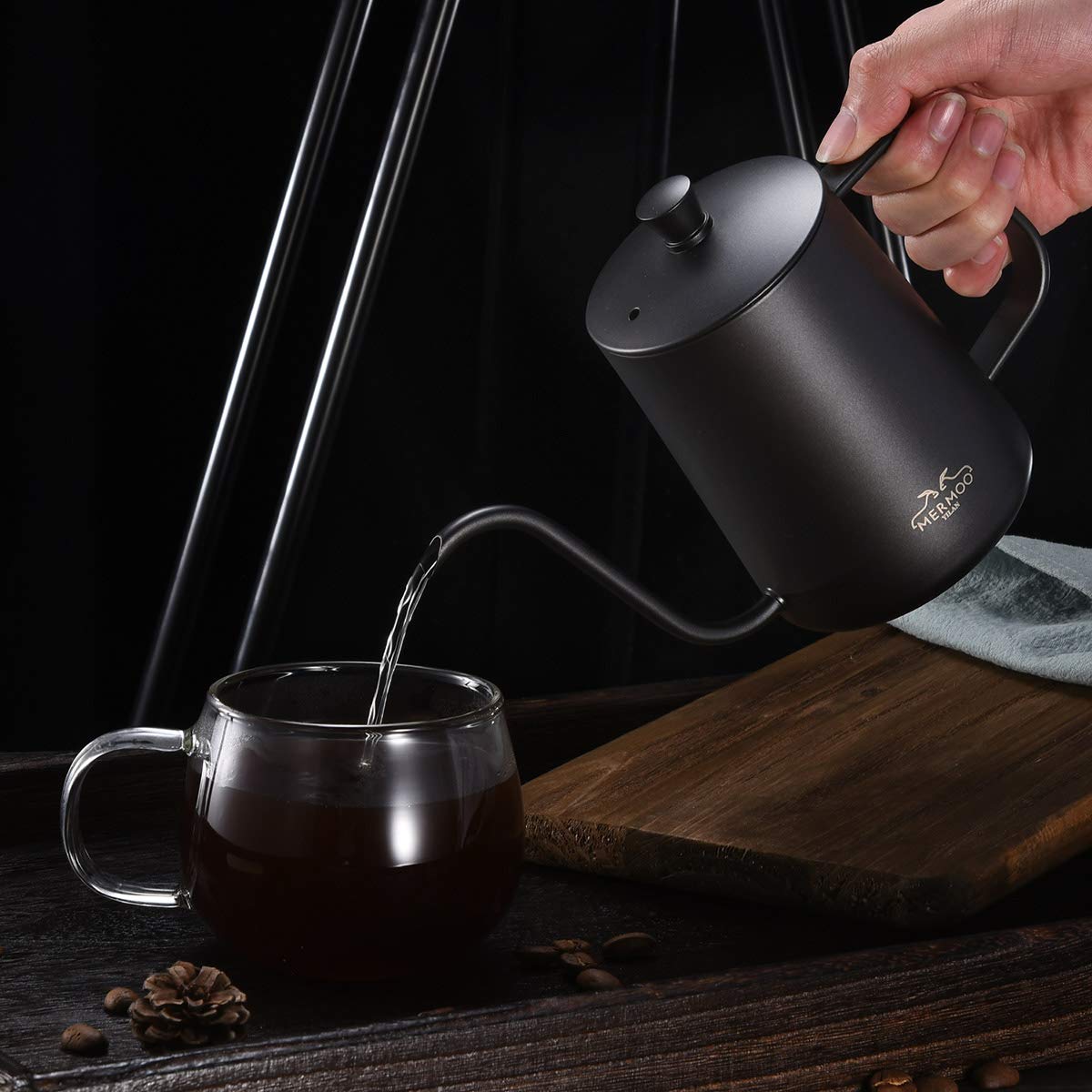 MERMOO YILAN Gooseneck Coffee Kettle 21oz Pour Over Drip Pot 600ml Long Narrow Spout Stainless Steel Water Dripper Kettle for Tea & Coffee（Black)