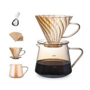 can's pour over coffee maker set with 50 filters, glass coffee dripper brewer & glass coffee pot + stainless steel coffee spoon, v60 pour over coffee (small 17oz- 500ml - amber)