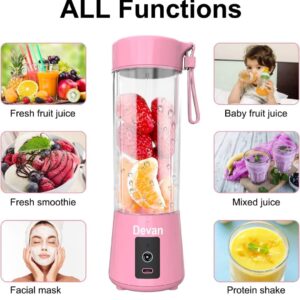 Portable Blender, BAVAD Personal Blender for Shakes and Smoothies with Mini Juicer Cup-Six Blades in 3D, USB Rechargeable (Pink)