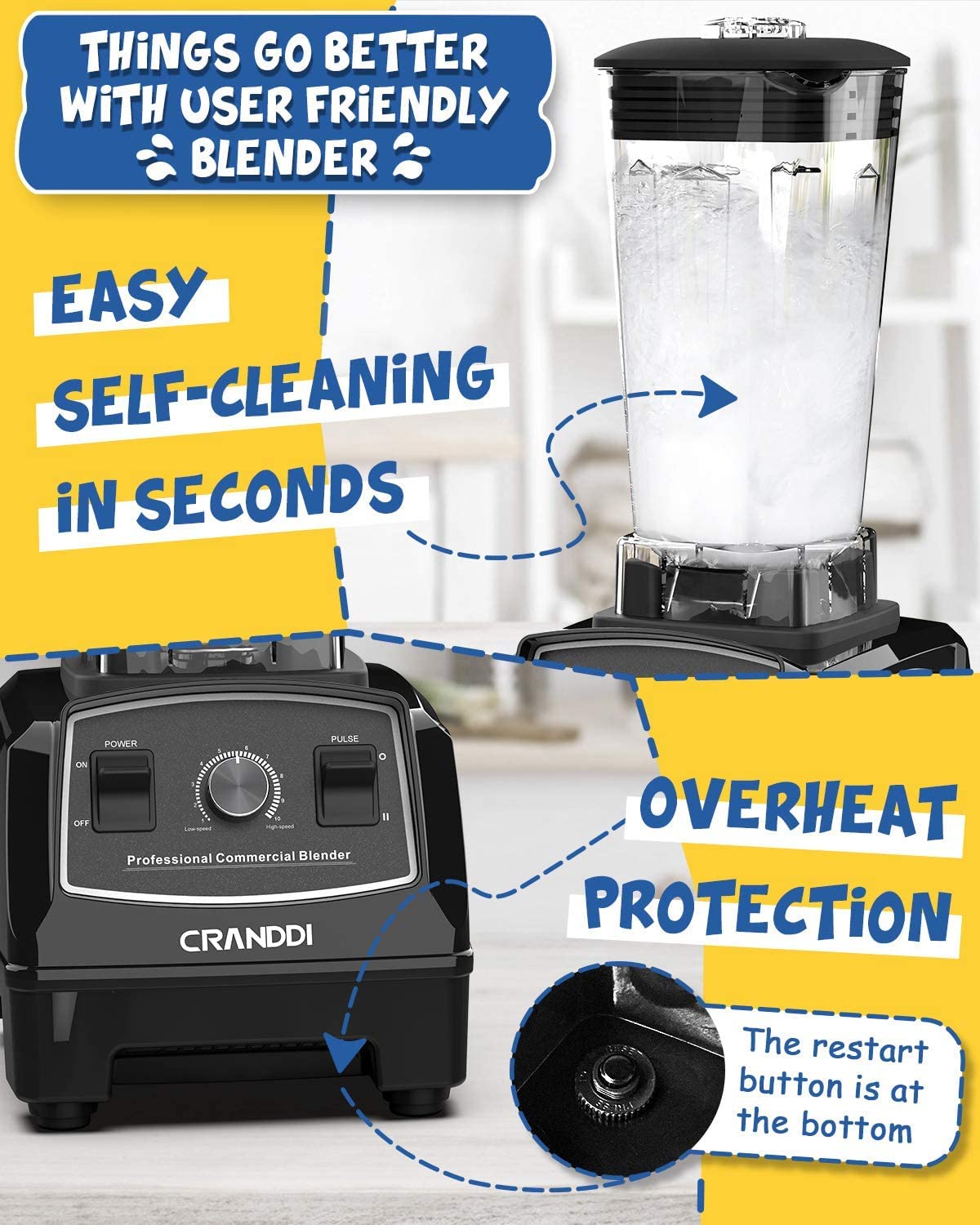 CRANDDI Professional Blender,1500 Watt Commercial Blenders for Kitchen with 70oz BPA-Free Pitcher and Self-Cleaning, Countertop Blenders for Shakes and Smoothies, Build-in Pulse, YL-010-B