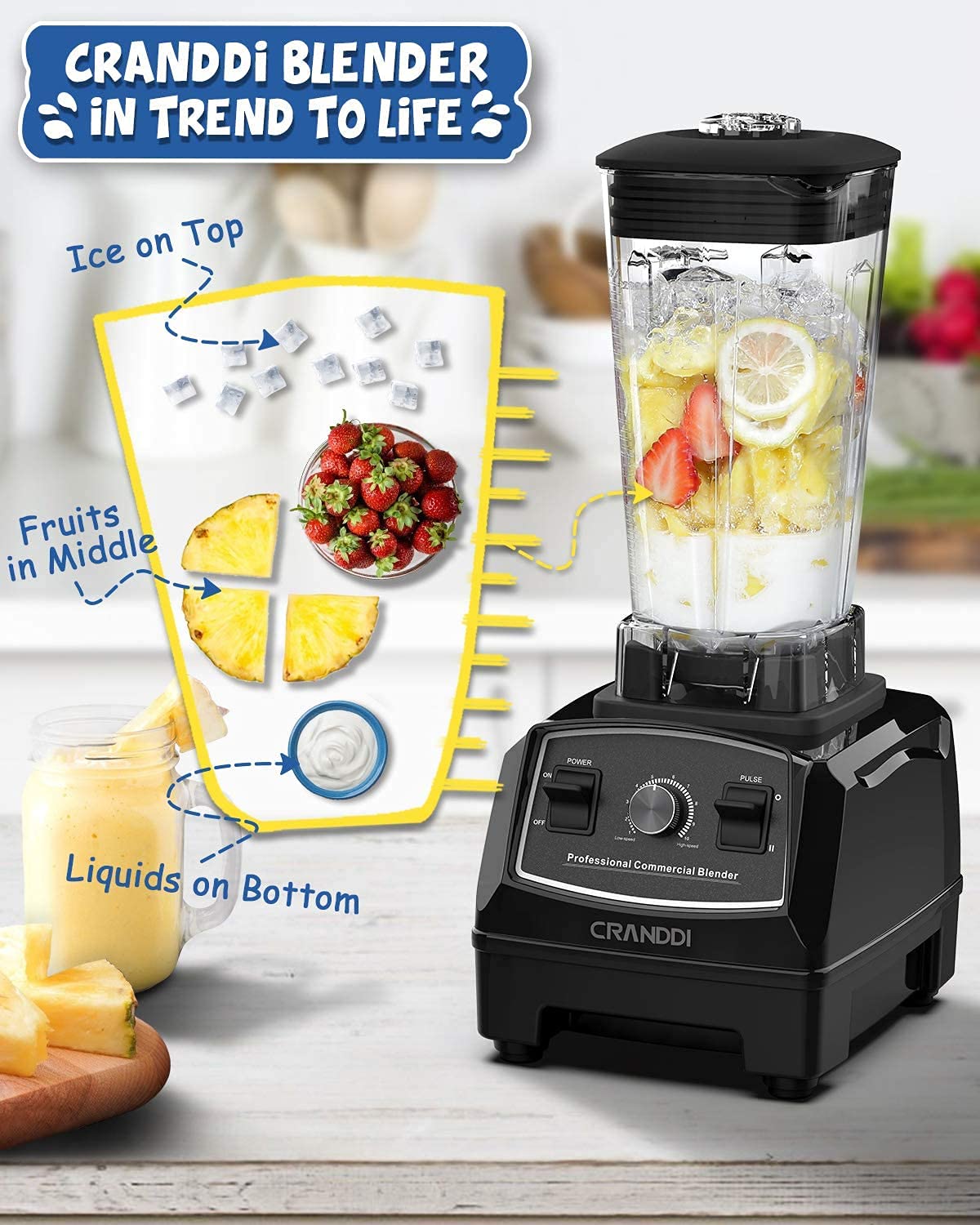 CRANDDI Professional Blender,1500 Watt Commercial Blenders for Kitchen with 70oz BPA-Free Pitcher and Self-Cleaning, Countertop Blenders for Shakes and Smoothies, Build-in Pulse, YL-010-B