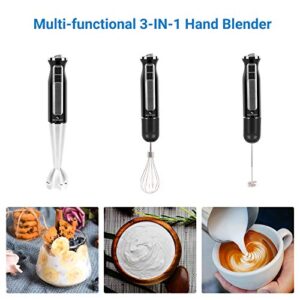 SOLTRONICS 3-in-1 Hand Blender, 3-in-1, 8-Speed 500 Watts Stick Blender with Milk Frother, Egg Whisk for Smoothies, Coffee Milk Foam, Puree Baby Food, Sauces and Soups, BPA-Free, Black