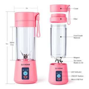 Portable Blender,Zjj-Home Smoothie Blender-Six Blades in 3D, Mini Travel Personal Blender with USB Rechargeable Batteries,Detachable Cup ,USB Juicer Cup 380ml (FDA BPA free) (pink)