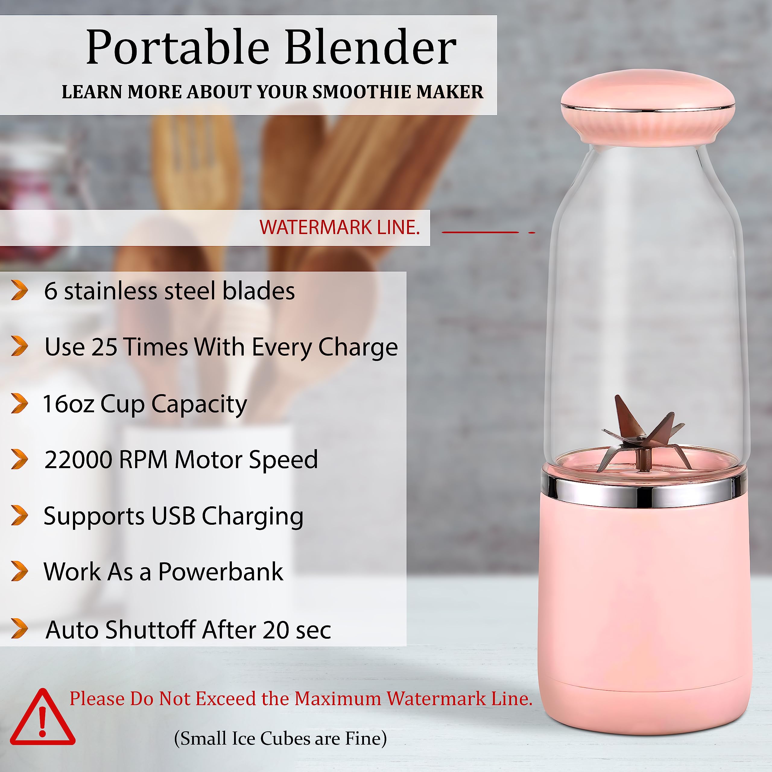 KP'S Variety 2022 ABS proof USB Portable-Personal Blender for Shakes, Smoothies, Protein Shake, any fruit Juice on the Go with High Speed Crushing Ice with 6 blades.